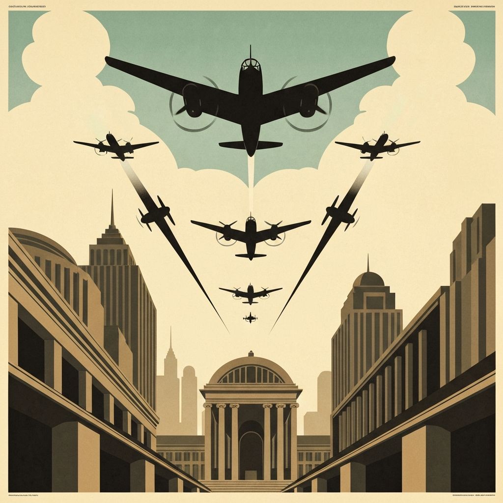 Art Deco style bombers in formation with searchlight beams